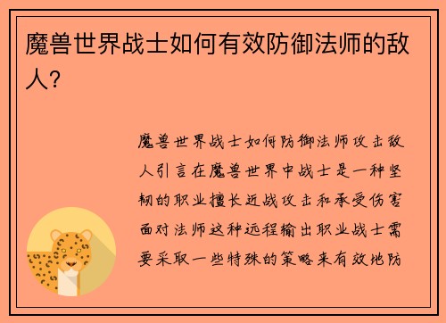 魔兽世界战士如何有效防御法师的敌人？